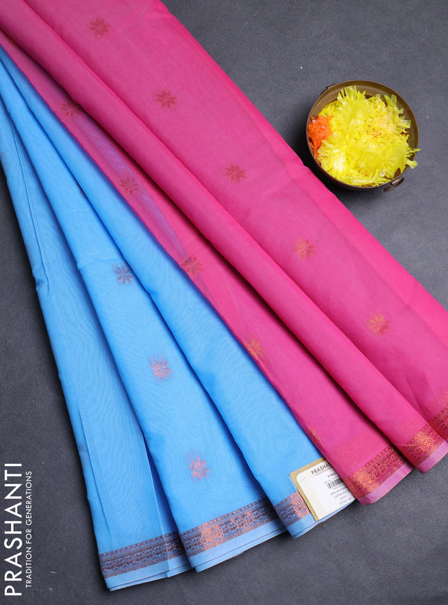 Semi maheswari cotton saree cs blue and pink with allover copper zari woven & buttas and small copper zari woven border