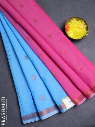 Semi maheswari cotton saree cs blue and pink with allover copper zari woven & buttas and small copper zari woven border