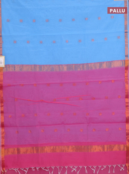 Semi maheswari cotton saree cs blue and pink with allover copper zari woven & buttas and small copper zari woven border