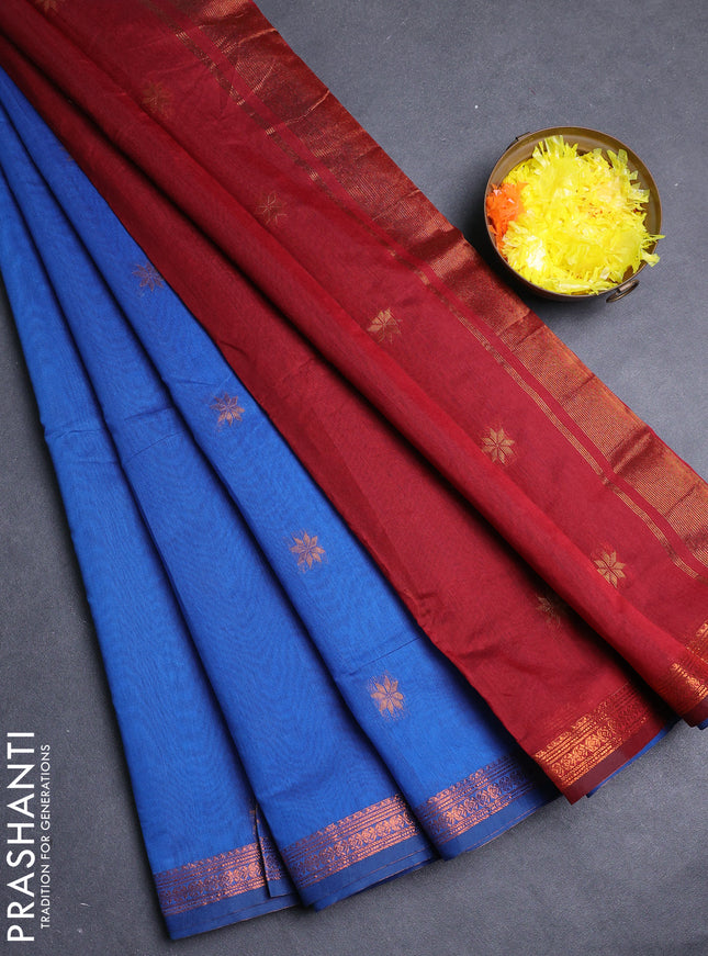 Semi maheswari cotton saree cs blue and maroon with allover copper zari woven & buttas and small copper zari woven border