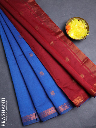 Semi maheswari cotton saree cs blue and maroon with allover copper zari woven & buttas and small copper zari woven border