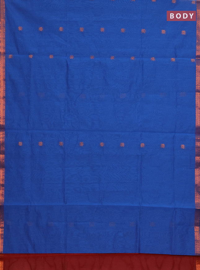Semi maheswari cotton saree cs blue and maroon with allover copper zari woven & buttas and small copper zari woven border