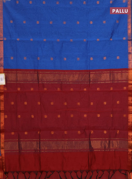 Semi maheswari cotton saree cs blue and maroon with allover copper zari woven & buttas and small copper zari woven border