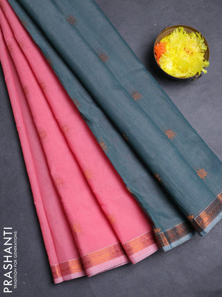 Semi maheswari cotton saree red shade and grey with allover copper zari woven & buttas and small copper zari woven border