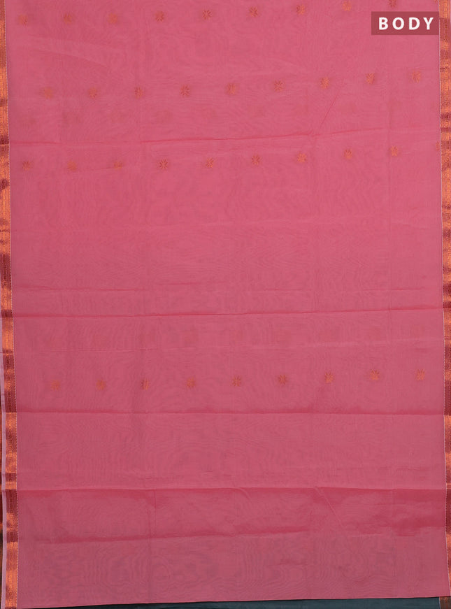 Semi maheswari cotton saree red shade and grey with allover copper zari woven & buttas and small copper zari woven border