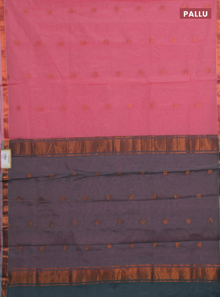 Semi maheswari cotton saree red shade and grey with allover copper zari woven & buttas and small copper zari woven border