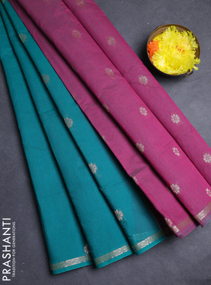 Semi maheswari cotton saree teal green and pink with allover copper zari woven & buttas and small copper zari woven border