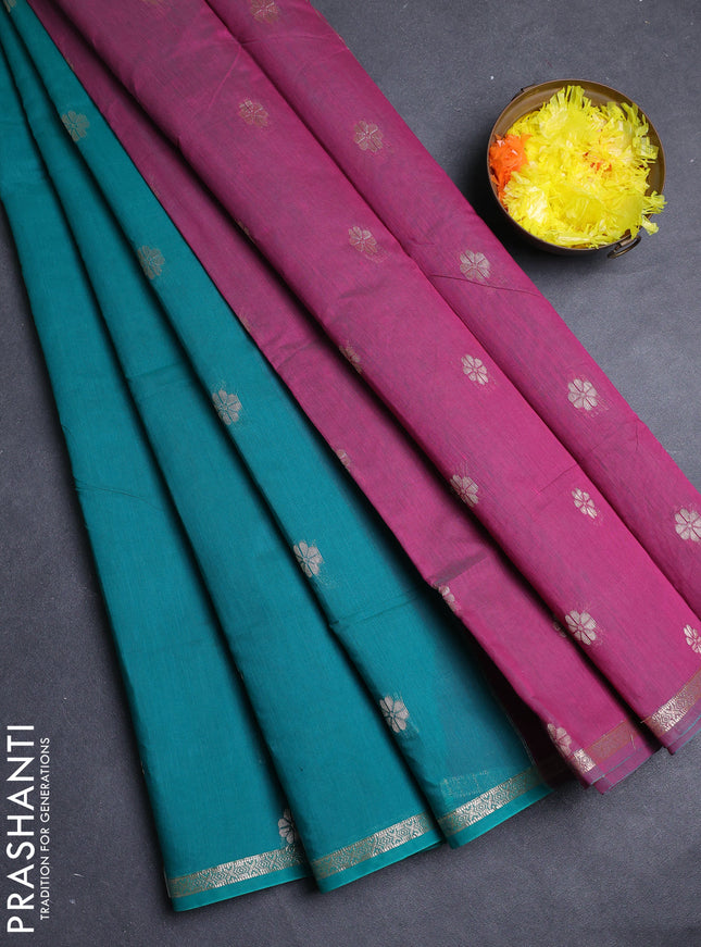 Semi maheswari cotton saree teal green and pink with allover copper zari woven & buttas and small copper zari woven border