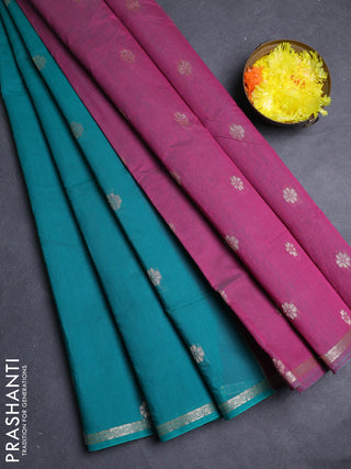 Semi maheswari cotton saree teal green and pink with allover copper zari woven & buttas and small copper zari woven border