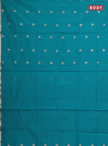 Semi maheswari cotton saree teal green and pink with allover copper zari woven & buttas and small copper zari woven border