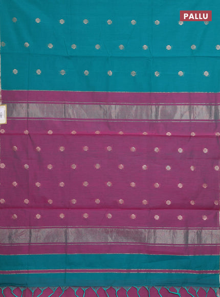 Semi maheswari cotton saree teal green and pink with allover copper zari woven & buttas and small copper zari woven border