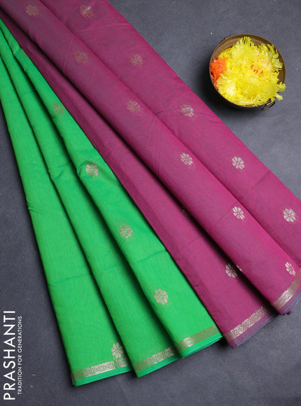 Semi maheswari cotton saree light green and pink with allover copper zari woven & buttas and small copper zari woven border