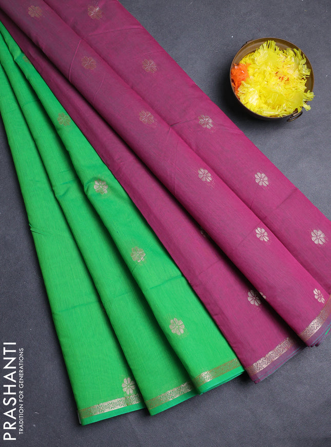 Semi maheswari cotton saree light green and pink with allover copper zari woven & buttas and small copper zari woven border