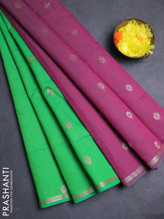 Semi maheswari cotton saree light green and pink with allover copper zari woven & buttas and small copper zari woven border