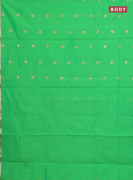 Semi maheswari cotton saree light green and pink with allover copper zari woven & buttas and small copper zari woven border