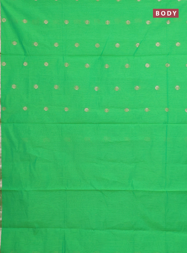 Semi maheswari cotton saree light green and pink with allover copper zari woven & buttas and small copper zari woven border