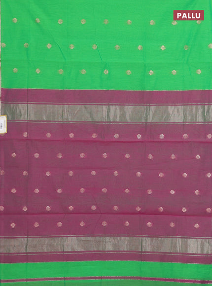Semi maheswari cotton saree light green and pink with allover copper zari woven & buttas and small copper zari woven border