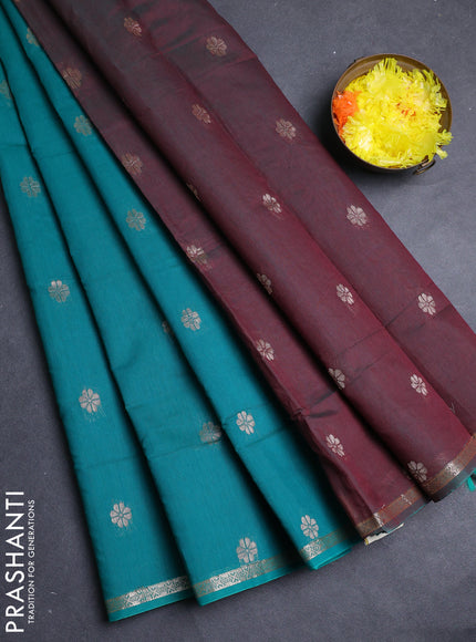 Semi maheswari cotton saree teal green and maroon with allover copper zari woven & buttas and small copper zari woven border