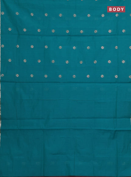 Semi maheswari cotton saree teal green and maroon with allover copper zari woven & buttas and small copper zari woven border
