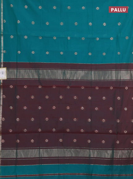 Semi maheswari cotton saree teal green and maroon with allover copper zari woven & buttas and small copper zari woven border