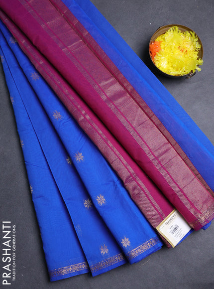 Semi maheswari cotton saree blue and magenta pink with allover copper zari woven & buttas and small copper zari woven border