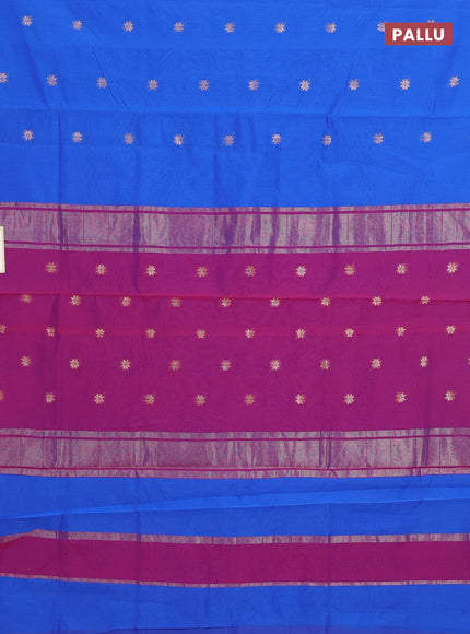 Semi maheswari cotton saree blue and magenta pink with allover copper zari woven & buttas and small copper zari woven border