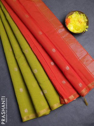 Semi maheswari cotton saree lime green and red with allover copper zari woven & buttas and small copper zari woven border