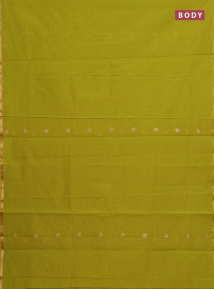Semi maheswari cotton saree lime green and red with allover copper zari woven & buttas and small copper zari woven border