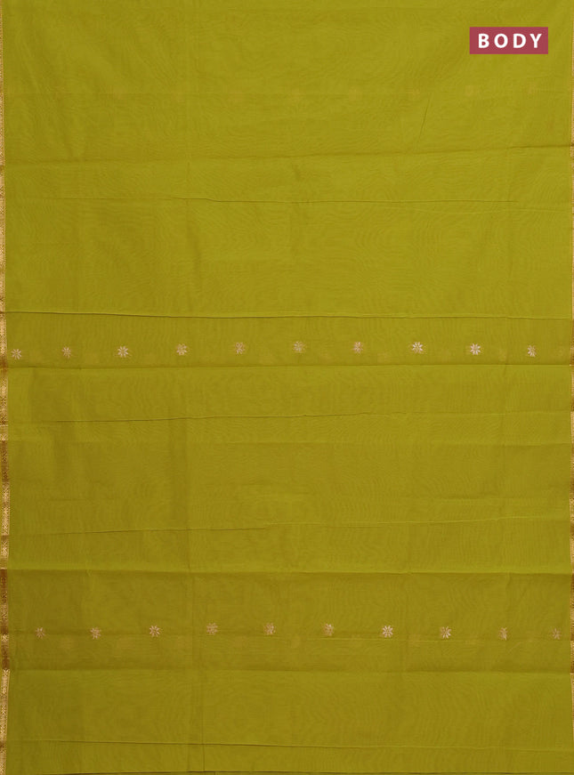 Semi maheswari cotton saree lime green and red with allover copper zari woven & buttas and small copper zari woven border