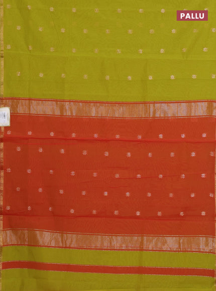 Semi maheswari cotton saree lime green and red with allover copper zari woven & buttas and small copper zari woven border
