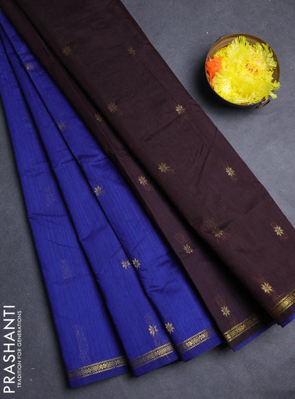 Semi maheswari cotton saree blue and coffee brown with allover copper zari woven & buttas and small copper zari woven border
