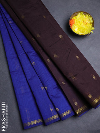 Semi maheswari cotton saree blue and coffee brown with allover copper zari woven & buttas and small copper zari woven border