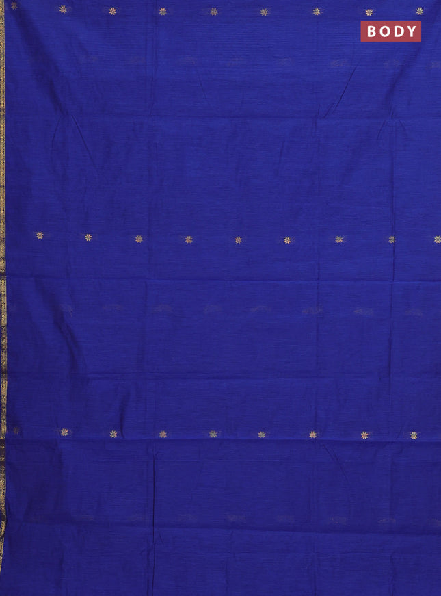 Semi maheswari cotton saree blue and coffee brown with allover copper zari woven & buttas and small copper zari woven border