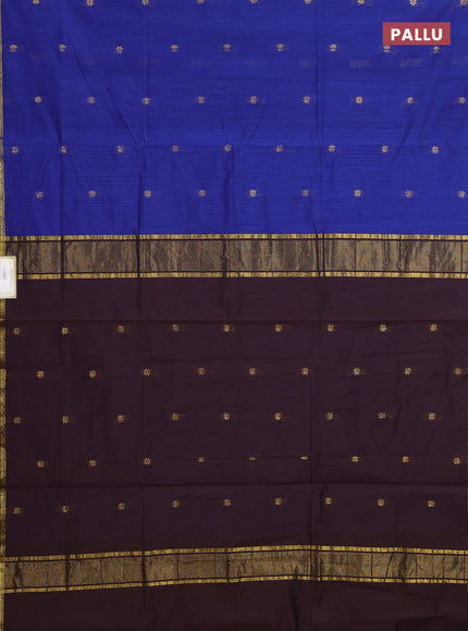 Semi maheswari cotton saree blue and coffee brown with allover copper zari woven & buttas and small copper zari woven border
