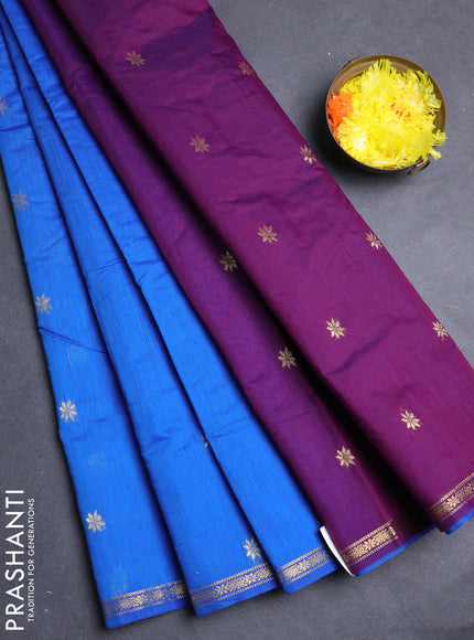 Semi maheswari cotton saree cs blue and purple with allover zari woven & buttas and small zari woven border