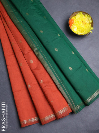Semi maheswari cotton saree rust shade and green with allover zari woven & buttas and small zari woven border