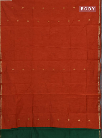 Semi maheswari cotton saree rust shade and green with allover zari woven & buttas and small zari woven border