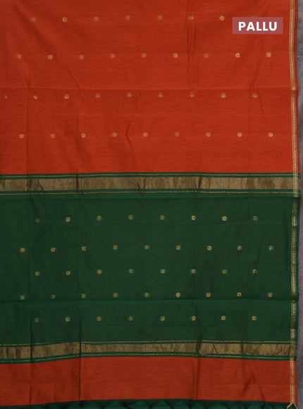 Semi maheswari cotton saree rust shade and green with allover zari woven & buttas and small zari woven border