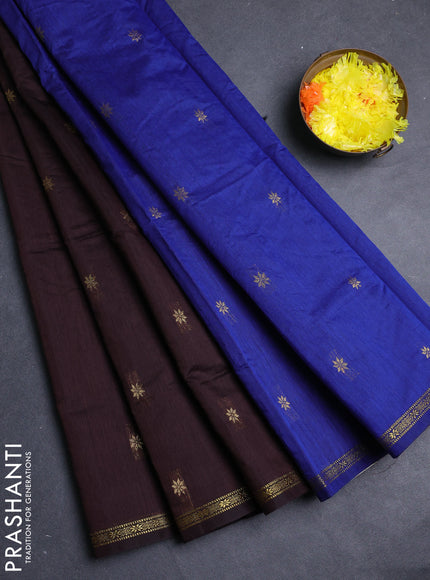 Semi maheswari cotton saree coffee brown and blue with allover zari woven & buttas and small zari woven border