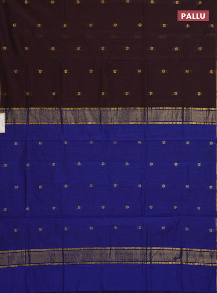 Semi maheswari cotton saree coffee brown and blue with allover zari woven & buttas and small zari woven border