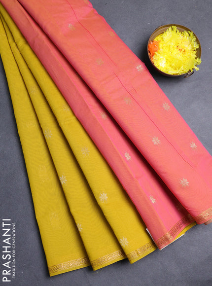 Semi maheswari cotton saree lime yellow and pink with allover zari woven & buttas and small zari woven border