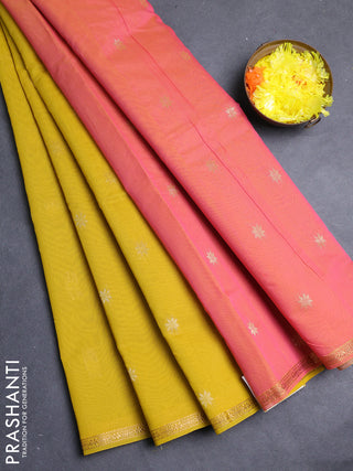 Semi maheswari cotton saree lime yellow and pink with allover zari woven & buttas and small zari woven border