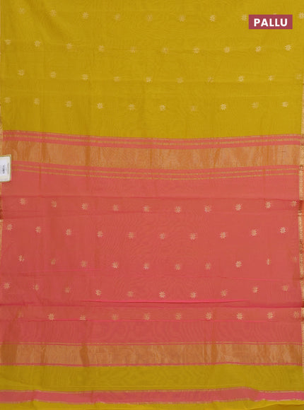 Semi maheswari cotton saree lime yellow and pink with allover zari woven & buttas and small zari woven border