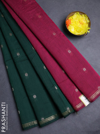 Semi maheswari cotton saree bottle green and magenta pink with allover zari woven & buttas and small zari woven border