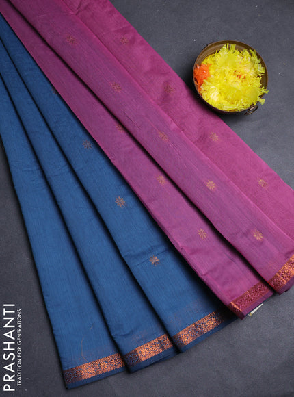 Semi maheswari cotton saree teal blue and mauve pink with allover zari woven & buttas and small zari woven border
