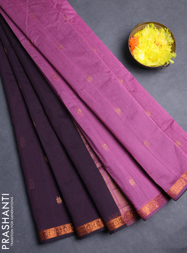 Semi maheswari cotton saree deep wine shade and pink with allover zari woven & buttas and small zari woven border