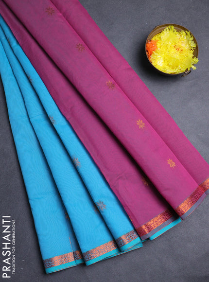 Semi maheswari cotton saree cs blue and pink with allover zari woven & buttas and small zari woven border