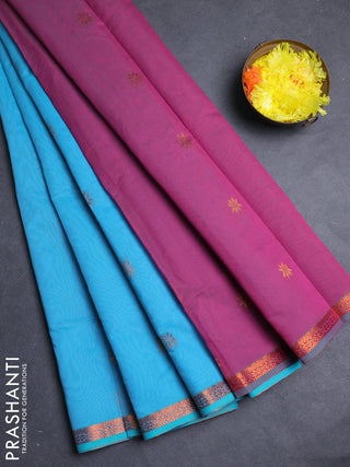 Semi maheswari cotton saree cs blue and pink with allover zari woven & buttas and small zari woven border