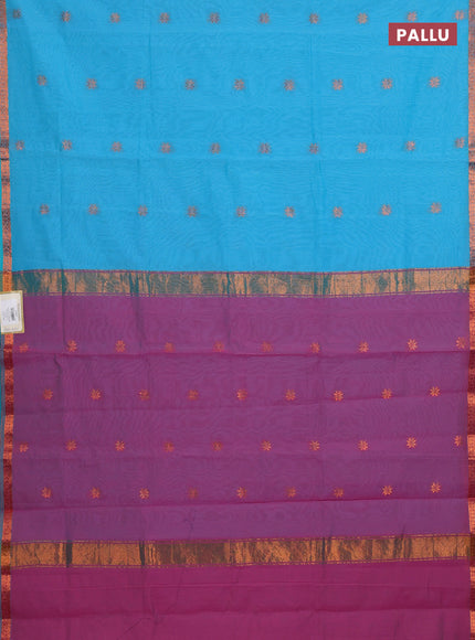Semi maheswari cotton saree cs blue and pink with allover zari woven & buttas and small zari woven border