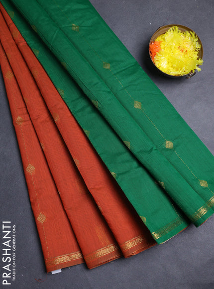 Semi maheswari cotton saree rust shade and green with allover zari weaves & buttas and small zari woven border